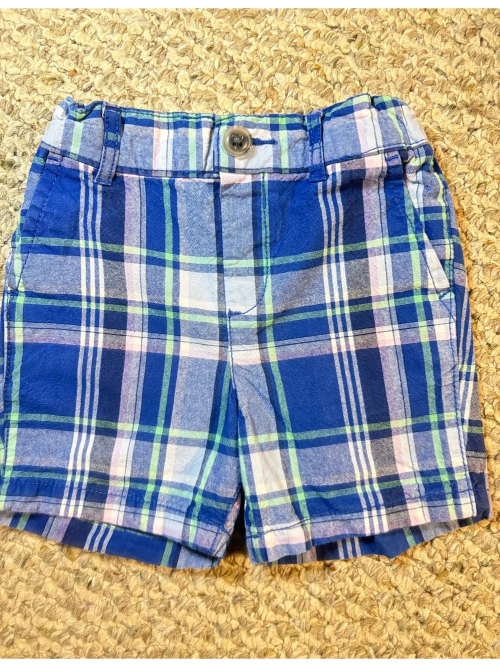 The Children's Place Blue Plaid Chino Shorts with Green and Pale Pink Stripes